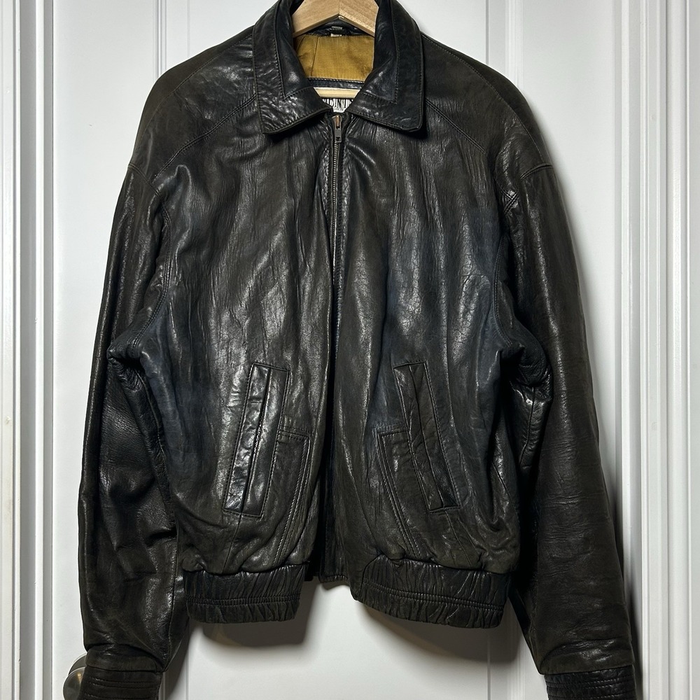 Segments Vintage 80s Genuine Leather Black Gold Satin Lining Bomber Jacket